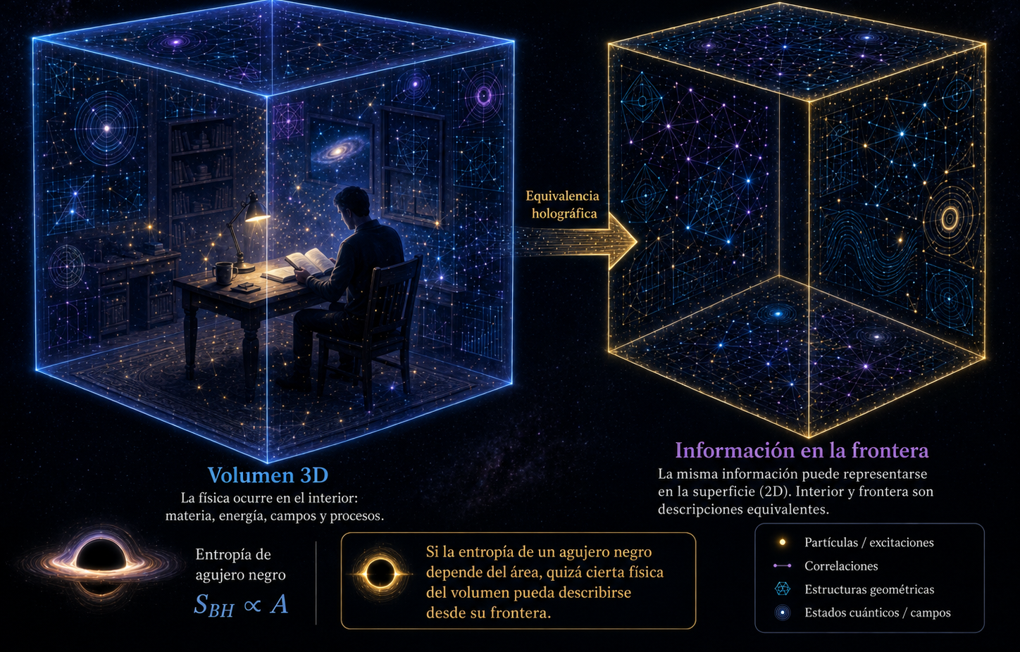 principio holográfico explicado con una habitación tridimensional y una frontera de menor dimensión