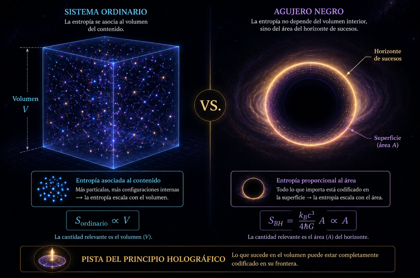 agujeros negros y principio holográfico: área del horizonte frente al volumen