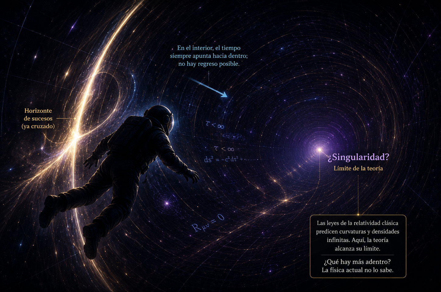 interior de un agujero negro singularidad límite de la teoría relatividad general