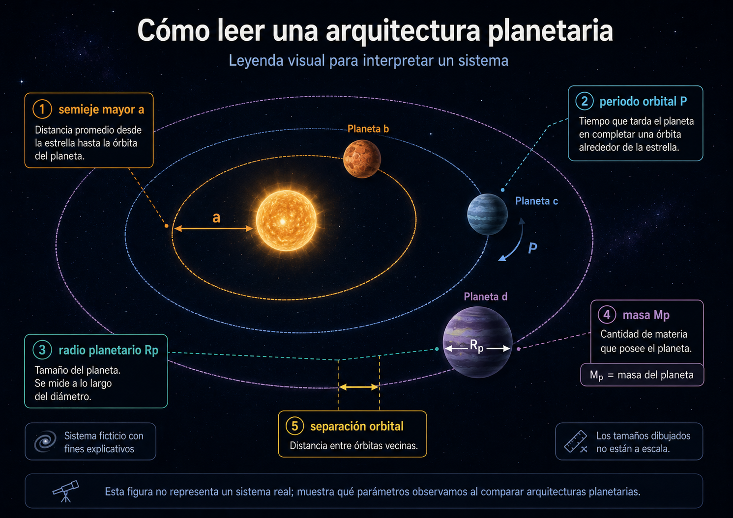 Leyenda visual con semieje mayor, periodo orbital, radio planetario, masa y separación orbital