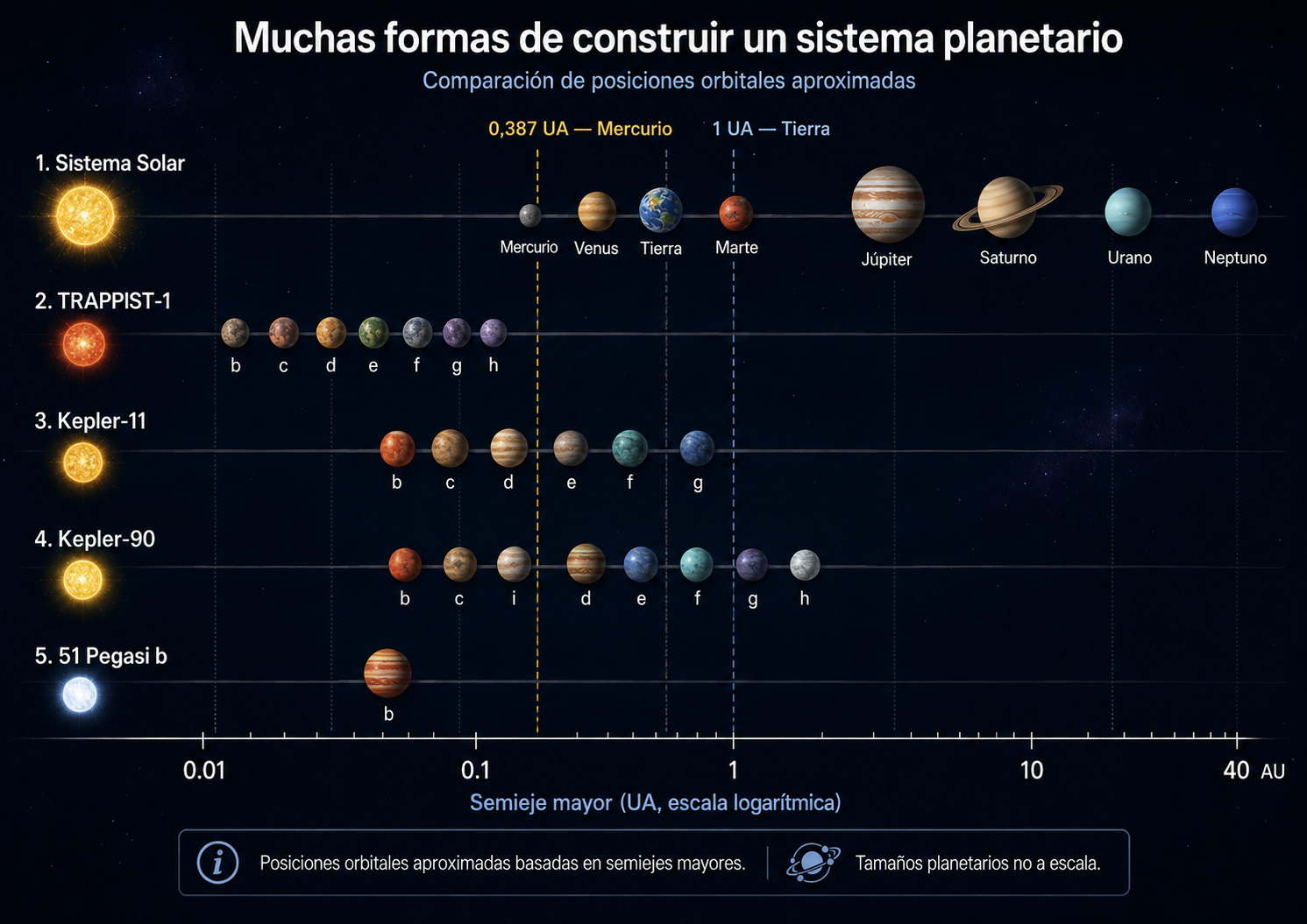 Arquitectura del Sistema Solar comparada con TRAPPIST-1, Kepler-11, Kepler-90 y 51 Pegasi b