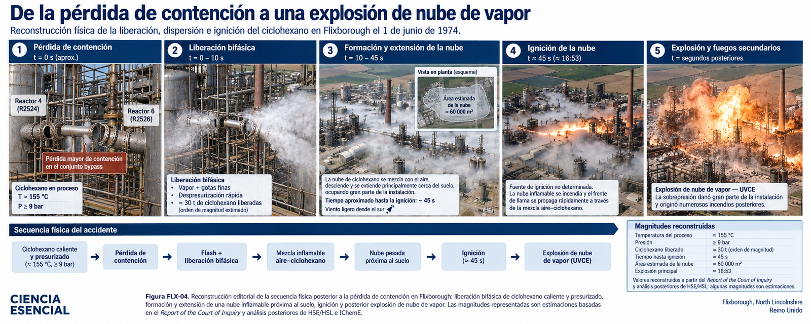 Secuencia editorial desde la pérdida de contención de ciclohexano hasta la explosión de nube de vapor en Flixborough