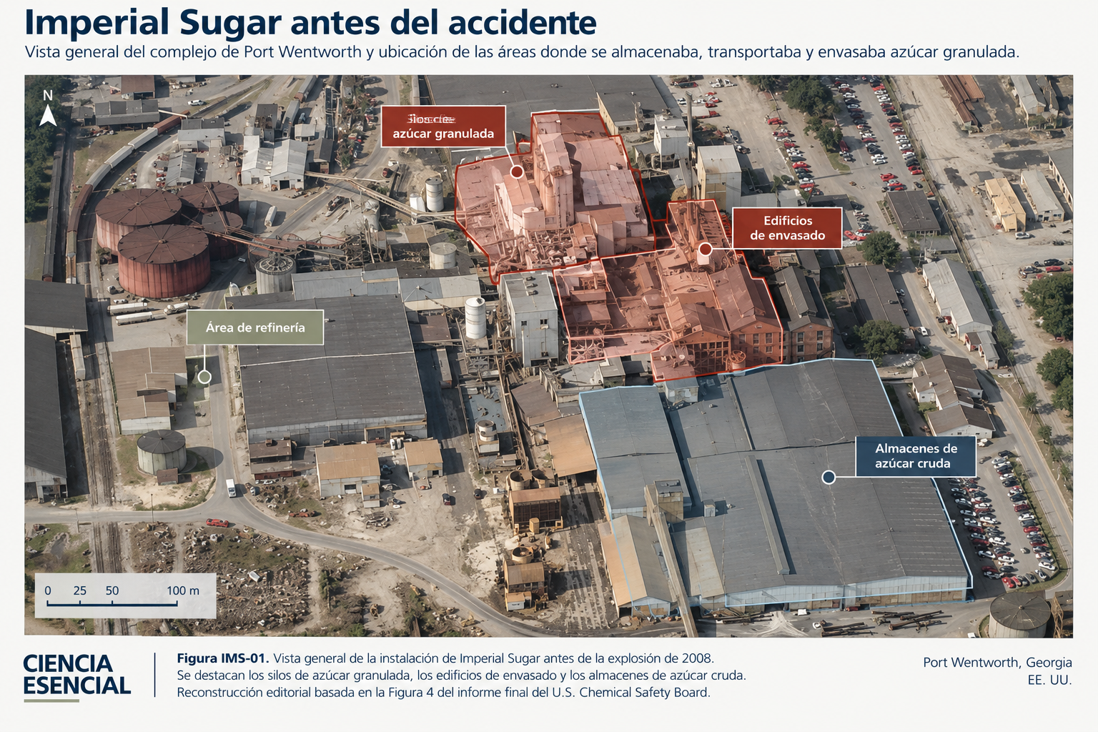 Vista editorial de la refinería Imperial Sugar en Port Wentworth antes del accidente de 2008