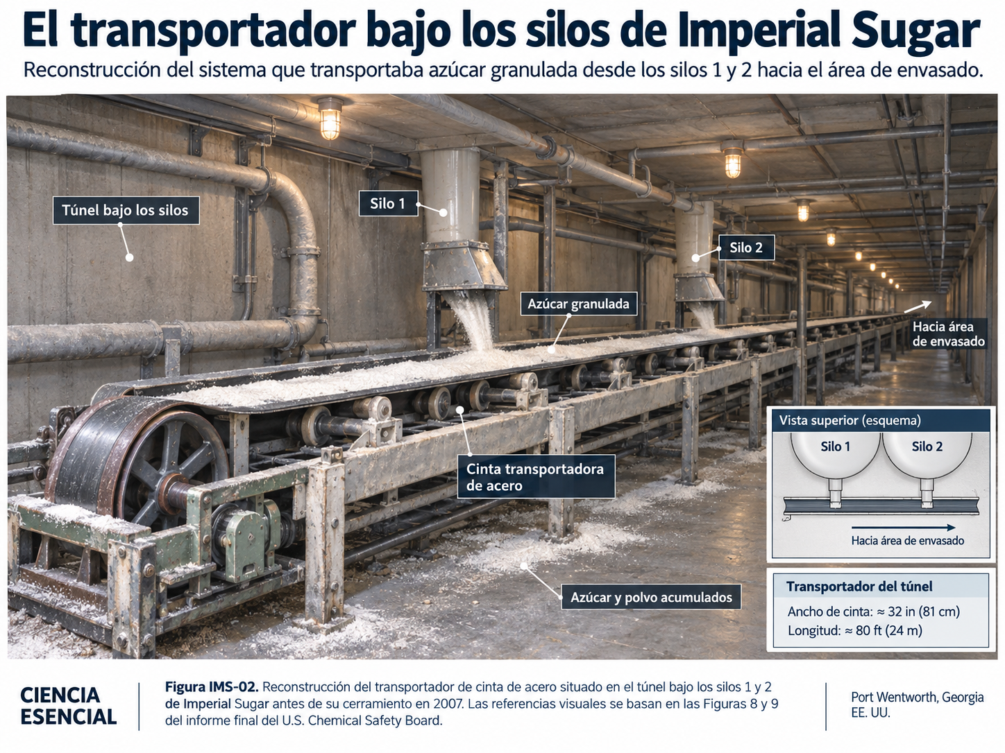 Reconstrucción del transportador de azúcar abierto bajo los silos de Imperial Sugar antes de 2007