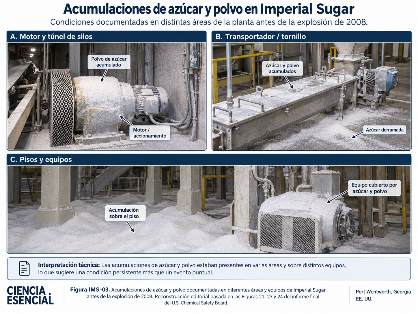 Comparación editorial de acumulaciones de azúcar y polvo en equipos y superficies de Imperial Sugar