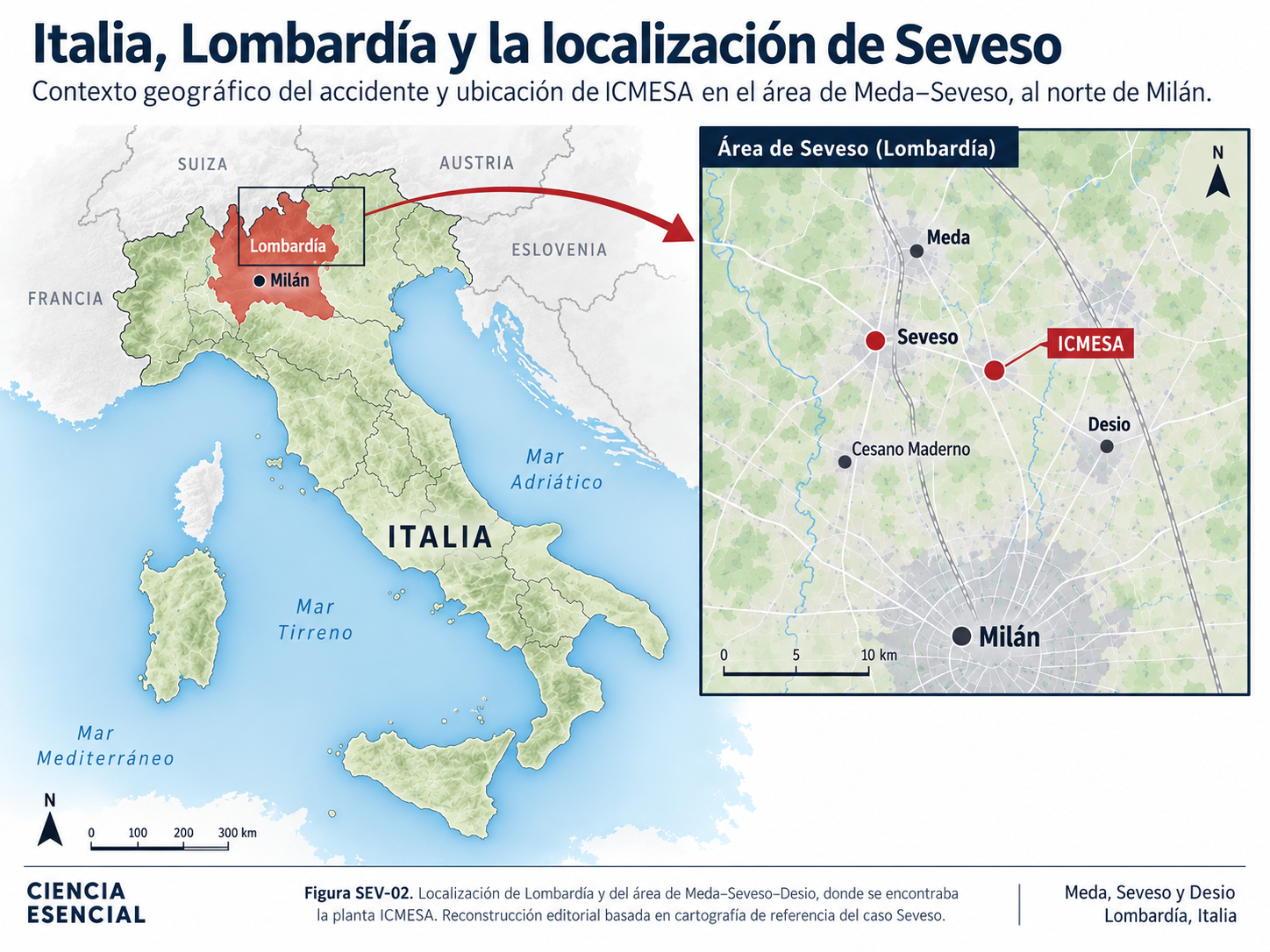 Mapa editorial de Italia, Lombardía y las localidades de Meda, Seveso y Desio alrededor de ICMESA