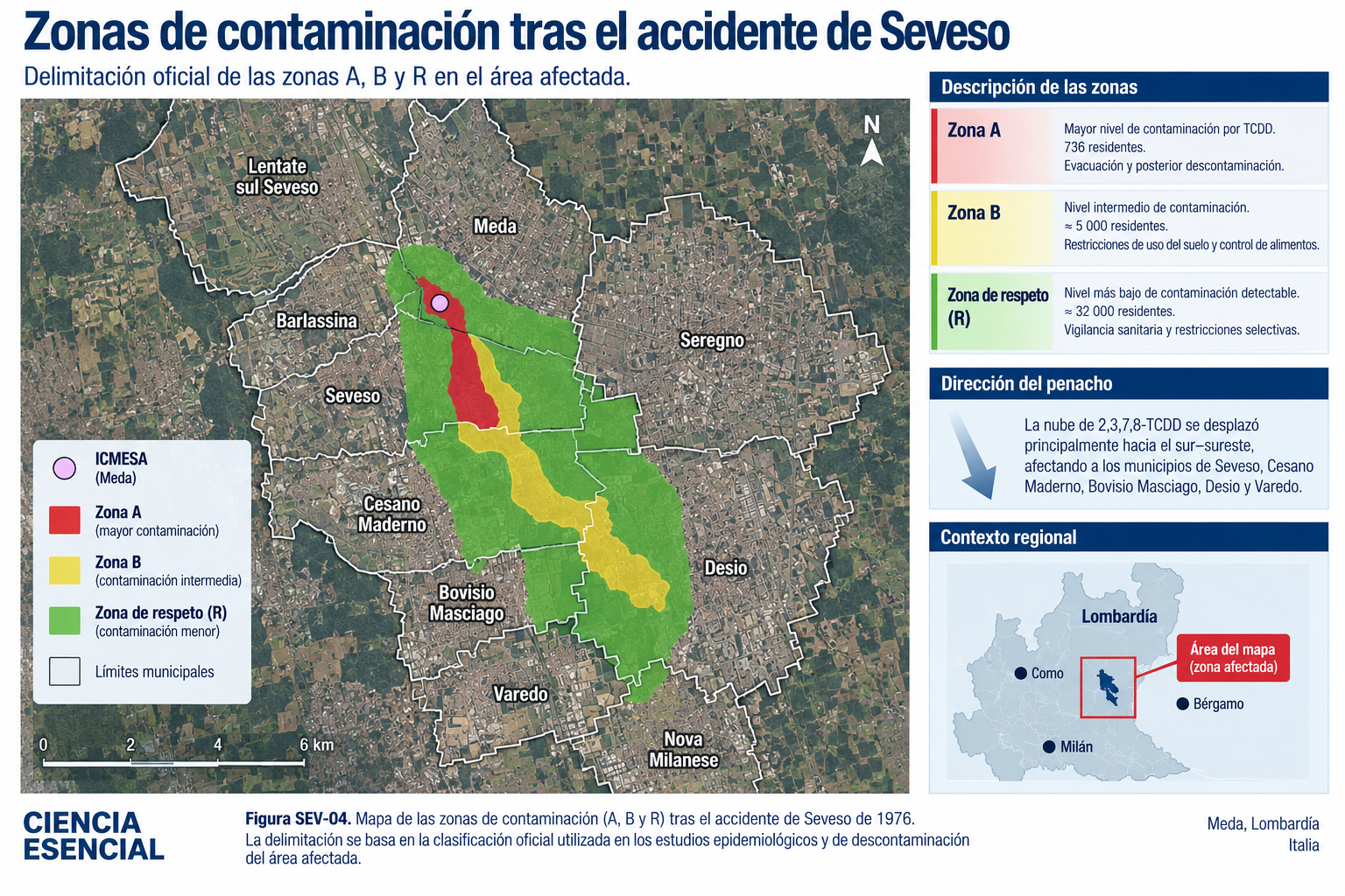 Mapa editorial de las zonas A, B y R delimitadas después del accidente de Seveso