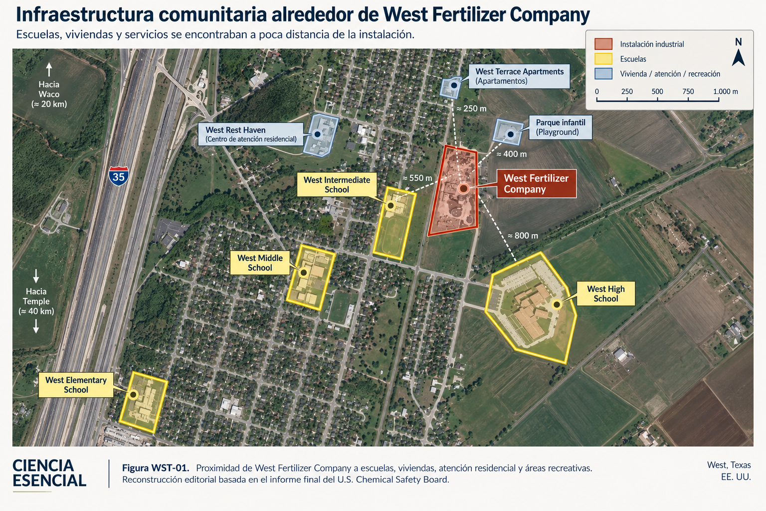 Accidentes industriales: mapa editorial de West Fertilizer Company y edificios de la comunidad situados en sus proximidades