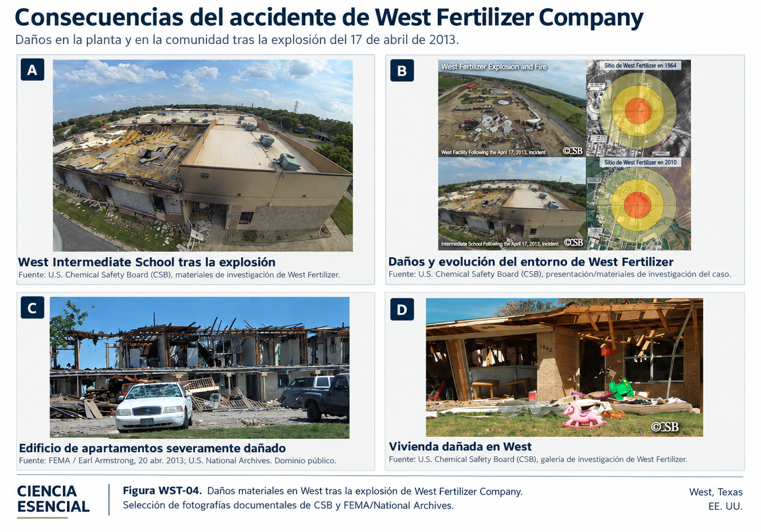 Collage editorial de daños causados por la explosión de West Fertilizer en la escuela, apartamentos y viviendas próximas